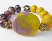 Bracelet Lavender (purple) and Marigold (yellow) Lampwork Beaded, Handmade Glass Beads, Spring Bracelet