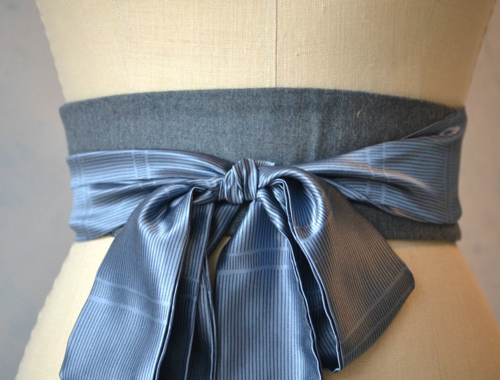 French gray blue wool obi belt sash reversible  waist cincher vintage silk satin school plaid