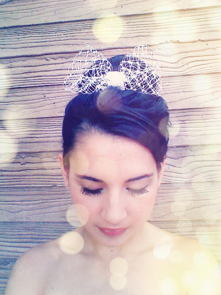 Bridal Bow - White Birdcage Veil and Lace