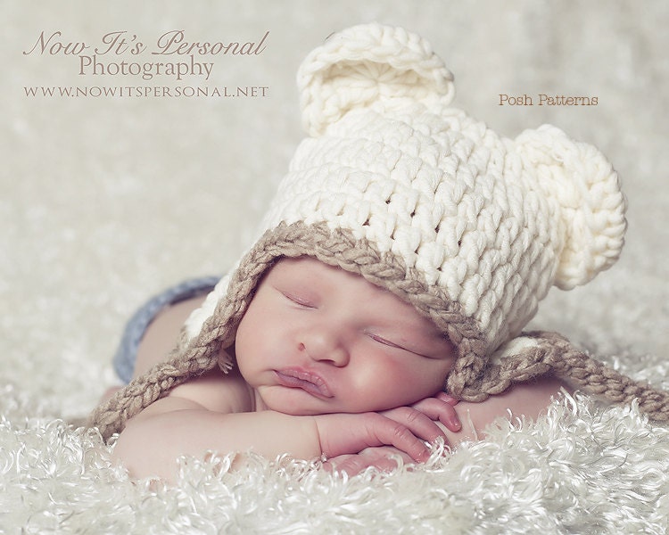 Instant Download Crochet Hat PATTERN - Baby Bear Chunky Earflap Hat 186 - Newborn to Toddler - Photography Prop