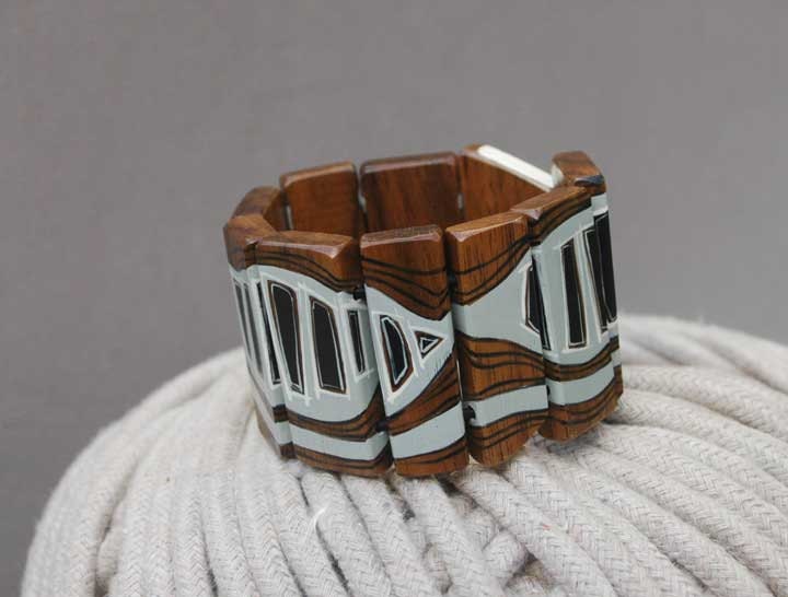 Wooden Bracelet Gray  Hand Painted Walnut Wood Bracelet Wearable Art  Geometric Bracelet Jewelry