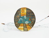 Colorful Painting on Tree Slice Original Acrylic Painting on Wood Eco-friendly Art Yellow and Blue