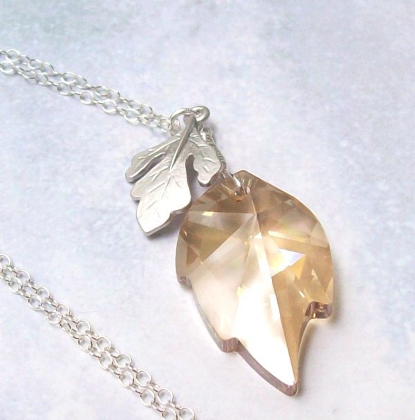 Crystal Leaf Necklace, Swarovski Crystal Necklace, Gold Necklace, sterling silver, fall fashion, rhodium, matte, wire wrapped, golden shadow