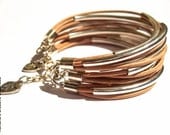 Natural Leather Bracelet with Silver-plated Tube Beads