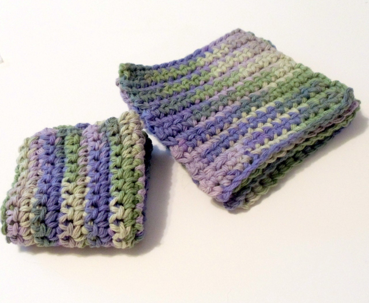 Crochet  Hot Pad  and Four Coasters Purple Green Ivy