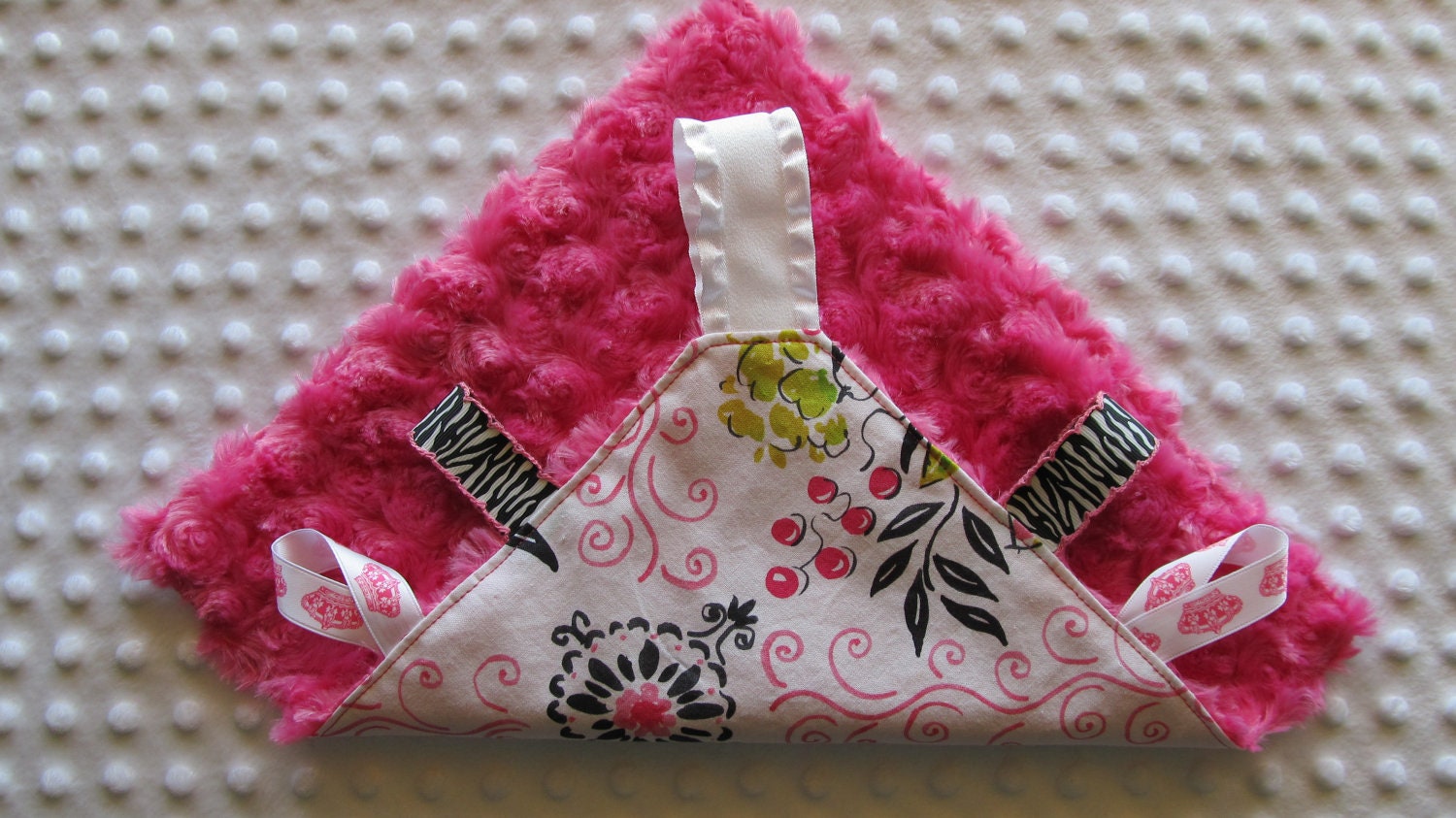 Baby Girl Taggie Blanket - Hot Pink Fuschia and Black Dena Designs Floral - Cuddle Blanket Unique Keepsake Shower Gift