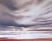 Original painting pastel ocean landscape with storm clouds