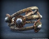 Floating Circles Bronze Stackable Three Strand Bead Embroidered Bracelet -unusual bead embroidery - medium to large size