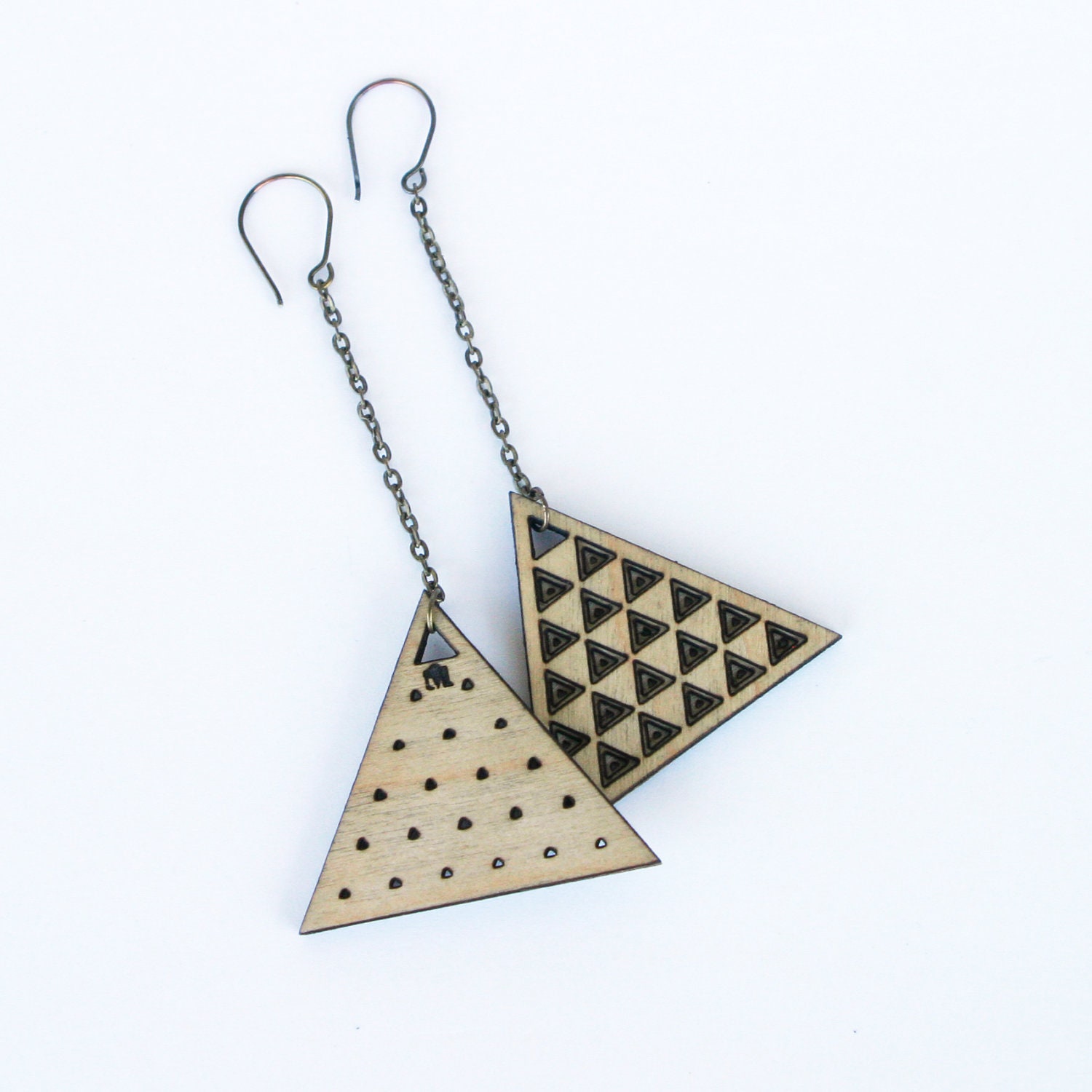 Minimal Modern Wood Triangle Earring - Geometric Patterned Handcrafted Jewelry (0019)