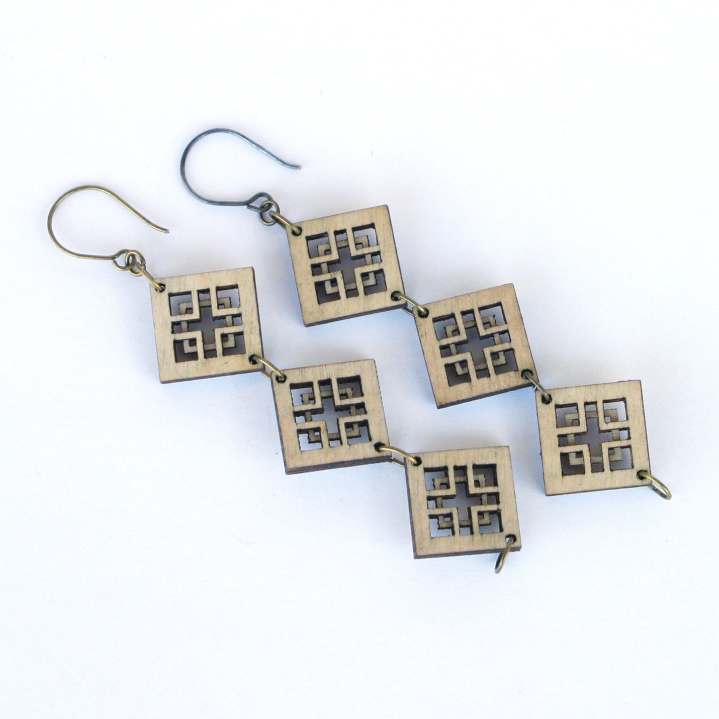 Triple Square Drop Linear Earring - Elegant Handmade Wood (0032)