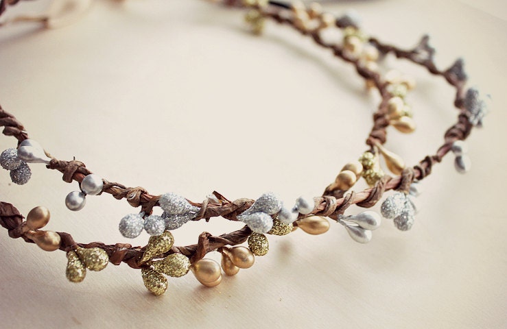 Gold or Silver Sparkly Pick Berries Halo. Twigs. Bohemian, Bridesmaids, Wedding Tiara. Spring, Medieval