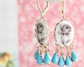 Grey Rose Cameo Chandelier Earrings. Bohemian. Grey and Turquoise Wedding. Whimsical. Delicate. Bridesmaids. Boho. Gift. Fall Wedding.