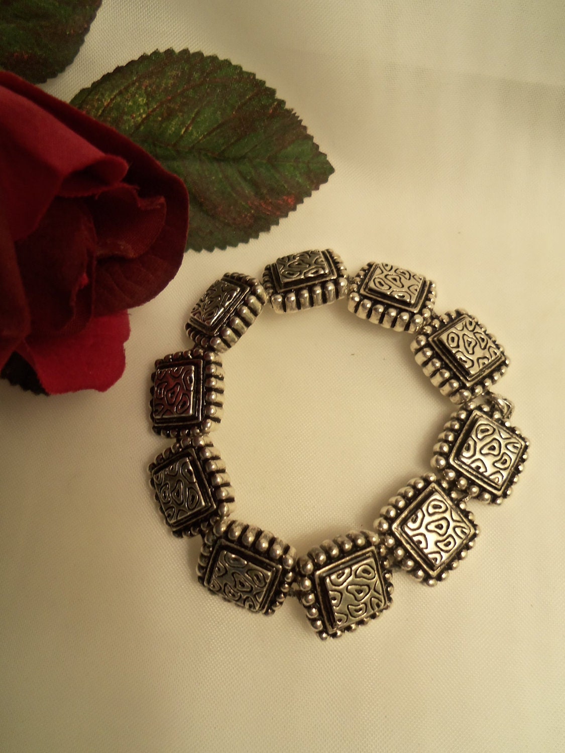 On Sale- Vintage Metalwork Squares Bracelet with Hidden Magnetic Clasp- Prom Jewelry. Birthday Anniversary Gift for Her. Women's Jewelry