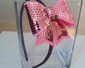 Light Pink Sequin Bow attached to Slate Grey Satin Headband