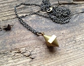 Vintage Drop Spike Necklace, golden pendulum charm, heavyweight dainty cast brass with long dark Oxidized chain