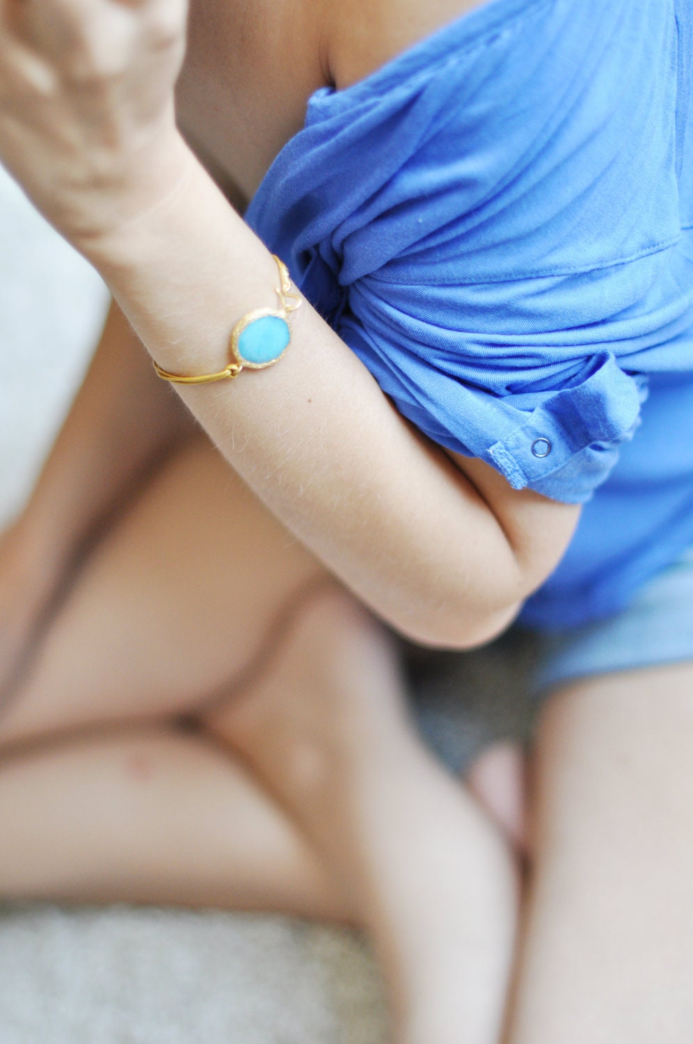 spring fresh fashion  bright sky blue jade  large stone in gold frame gemstone handmade  bracelet gold leather cord israel jewelry