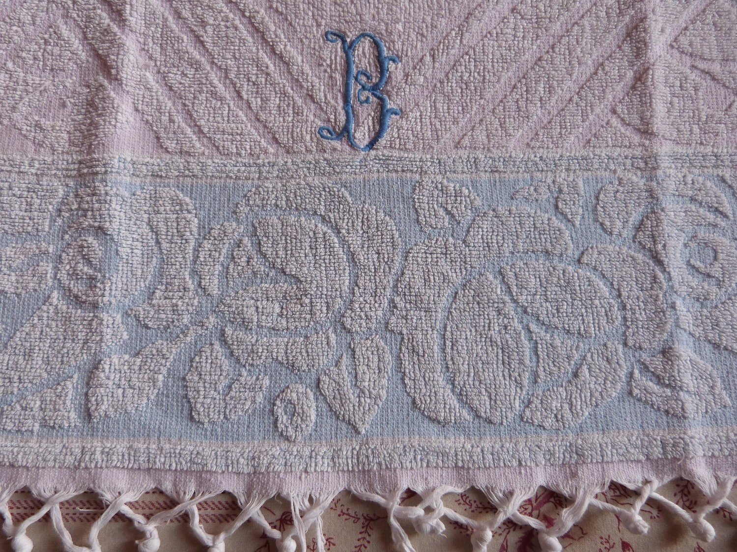 3 Vintage French terry bath towels hand monogrammed B, Art Deco bathroom towels hand towel w design of roses, fringes