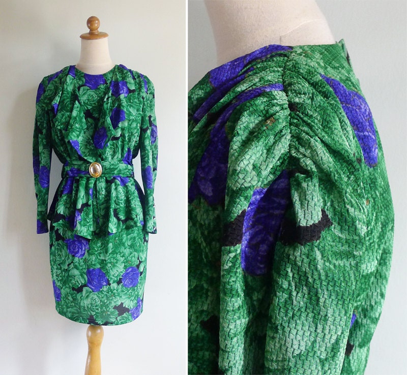 Vintage 80's Green & Blue Rose Peplum Dress S or M