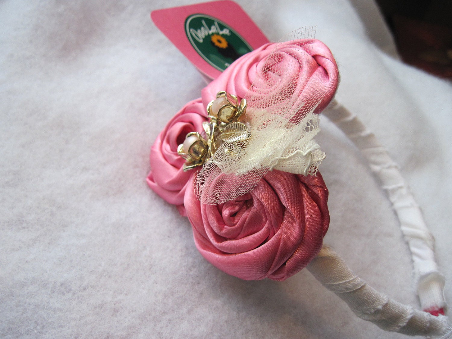 Pink Rosette Headband with Genuine Antique Pin