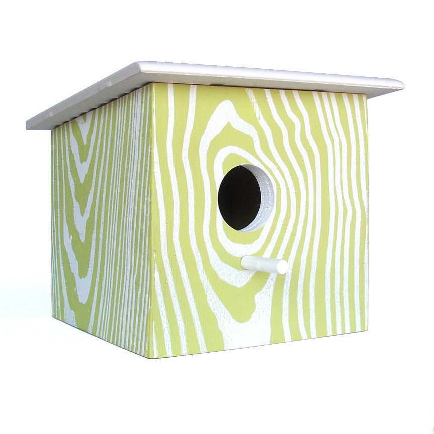 Modern Faux Wood Grain Birdhouse - Nest Box - Green White
