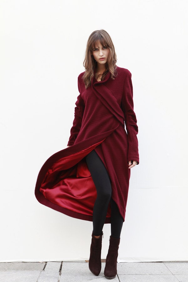 Wine Red Coat Bud Cashmere Coat Long Wool Coat Winter Coat Long Sleeve Coat Jacket for Women - NC420
