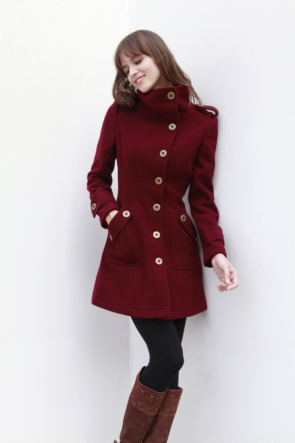 Wine Red Cashmere Coat Fitted Military Style Wool Winter Coat Women Coat Long Jacket - NC431