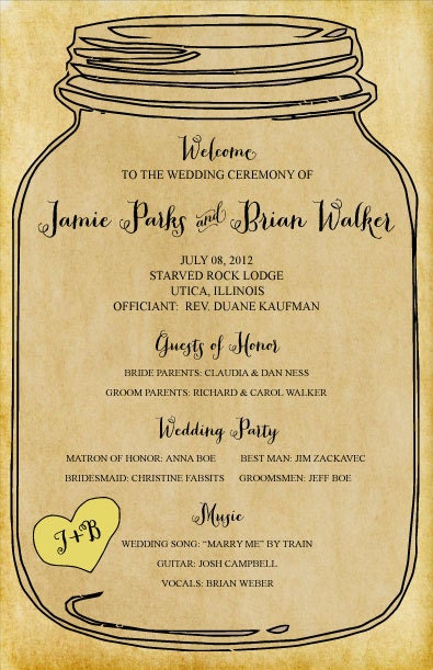 SET OF 25 Rustic Elegance Mason Jar Wedding Programs custom colors available