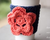 Crochet Coffee Cozy - Navy with Coral Flower
