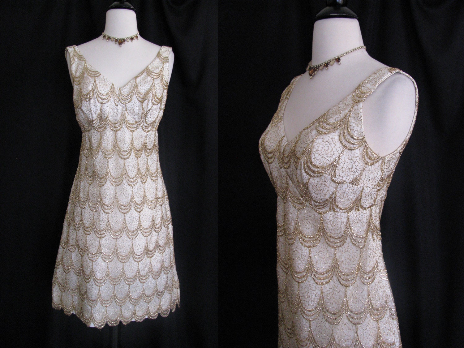 SALE - Vintage 1960s Metallic Gold and Cream Party Dress - Small