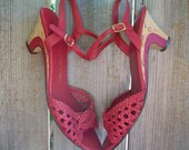 Women's vintage heels, strappy sandals, red leather mary janes, cork heel, peep toe, gold buckles. US  8, EU 38-39.