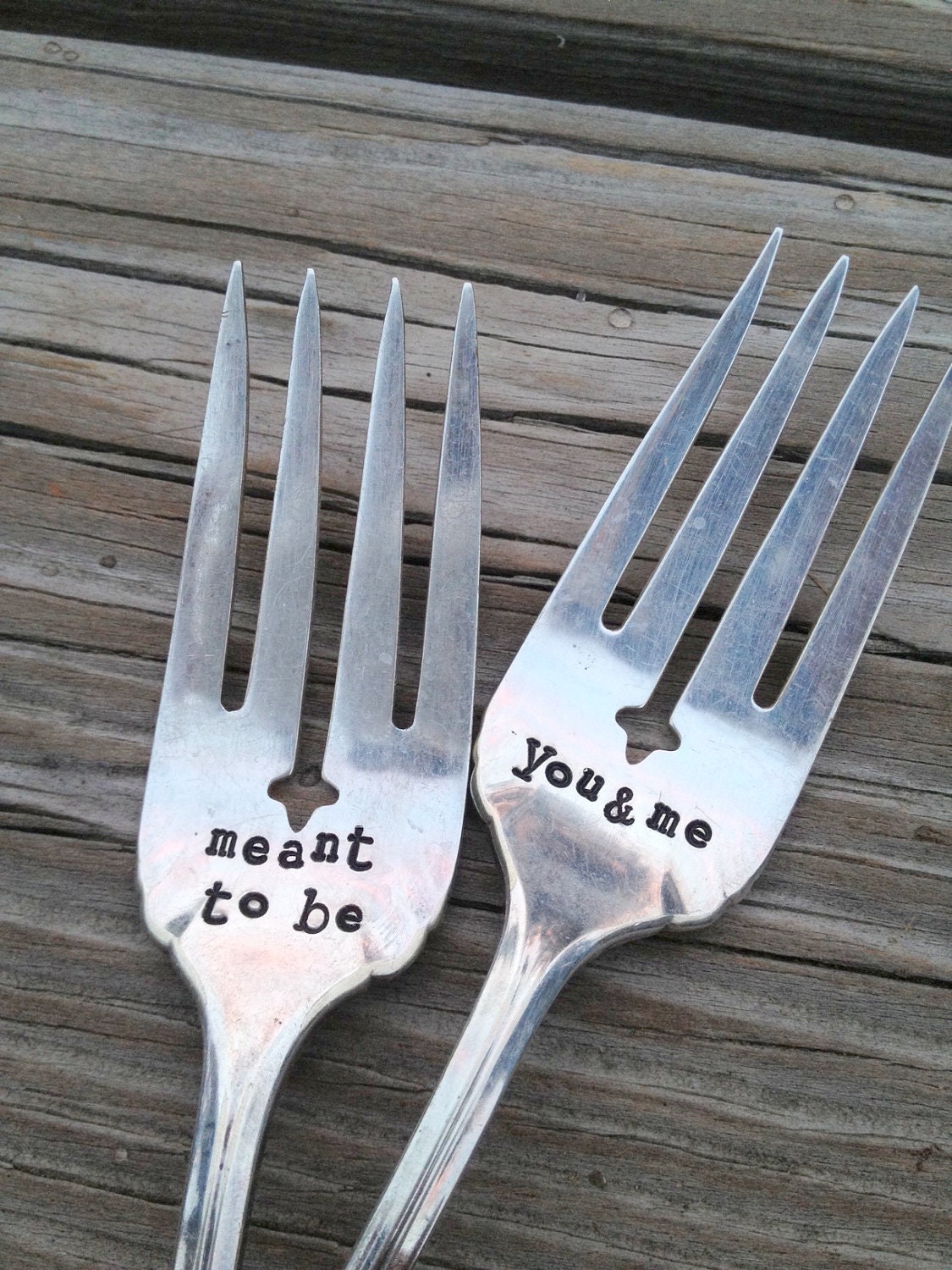 Meant To Be, You & Me Fork Set (TM) - Wedding Cake - Hand Stamped - Vintage Wedding - 2012 Original by forsuchatimedesigns