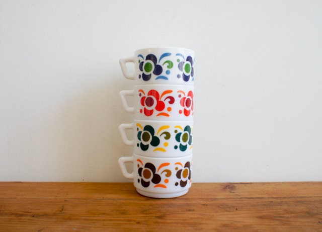 RESERVED vintage french arcopal cups in bright 1970's flower pattern, set of four