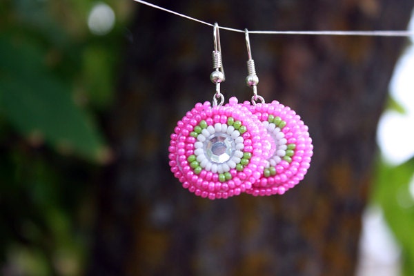 Native American Pink Green Silver Gem Earrings