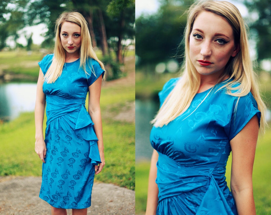 Vintage 1980s Blue Leaf Print Cascading Ruffle Dress