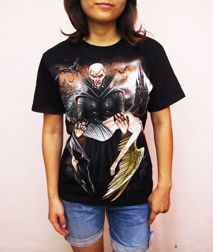 Vampire and sexy gril Skull Skeleton Devil T-Shirt Women short sleeve silk screen shirt Rock Punk Ghost Graphics Black R16 Size S