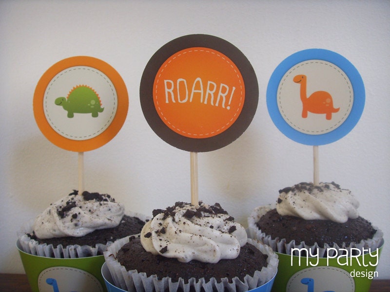 Dinosaur Party - PRINTABLE Birthday Party Circles / Cupcake toppers, birthday dino boy green orange blue diy pdf