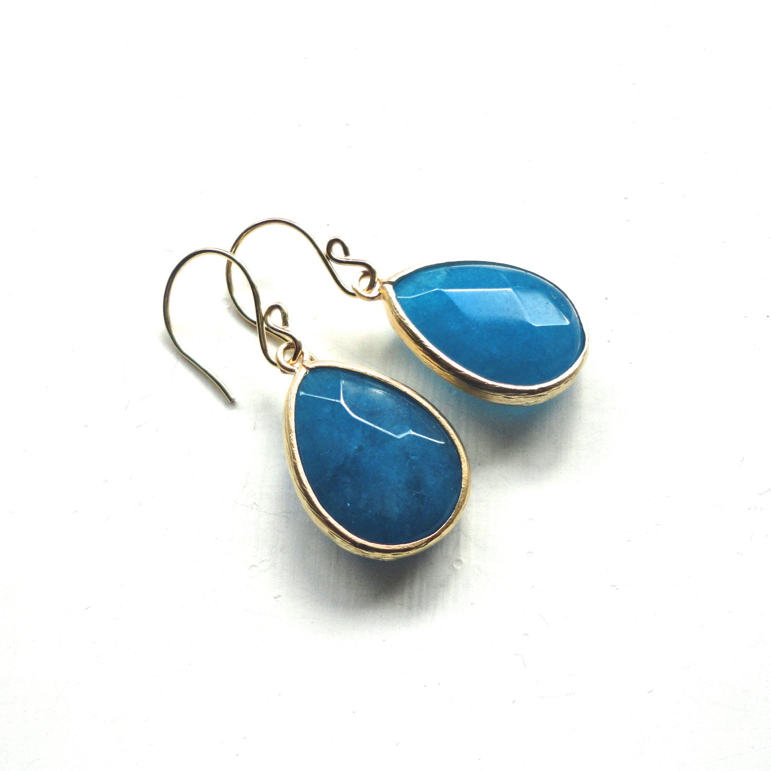 Blue Teardrop Earrings - Large Gold Framed Deep Blue Stones - Handmade Wedding Jewelry