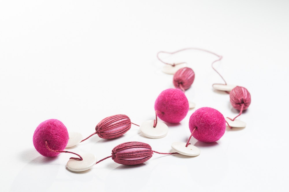 Extra Long Beaded Felt Necklace No Clasp Spring Summer Fashion Pink Gift For Girl