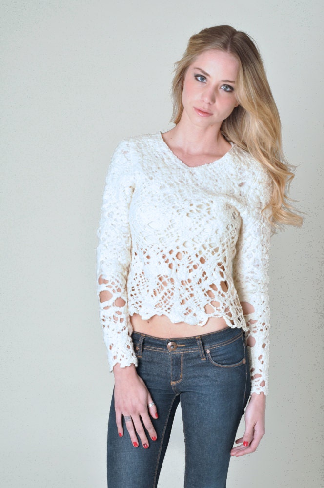 Cobweb sweater Style, Crop bare white Top in natural merino wool felted by Texturable