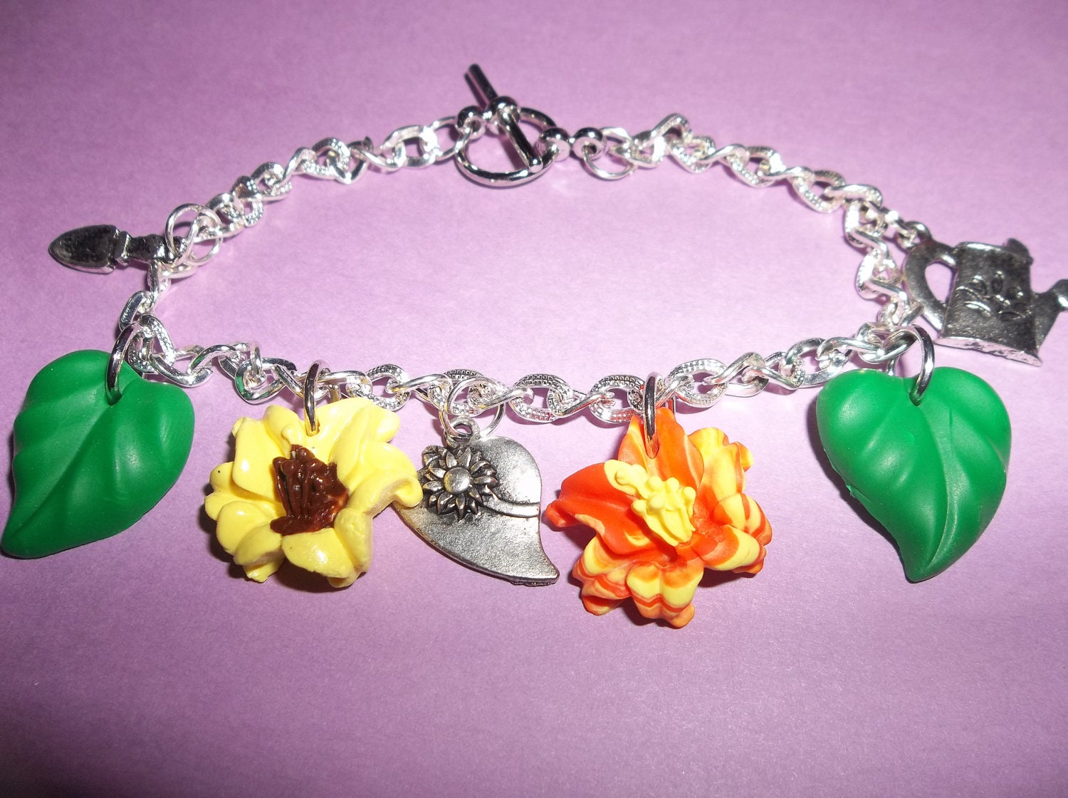 Sculpey Flowers and Metal Charm Bracelet