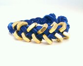 Suede Hex Nut Bracelet with Blue Leather & Gold Hex Nuts