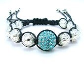 Crystal Pave Beaded Macrame Bracelet in Aqua, Silver, & Black - Adjustable