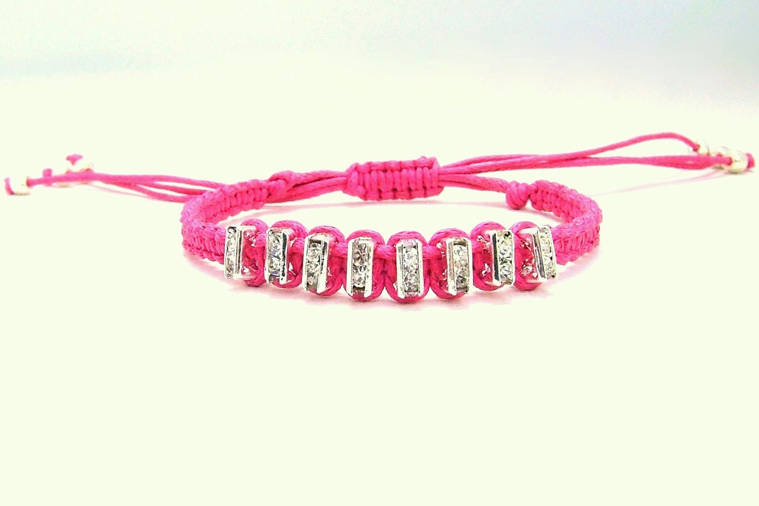 Rhinestone Macramé Bracelet in Pink with Squaredelle Crystal Rhinestone Beads