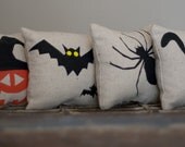 Set of 4 Halloween Pillows Spider Bat Pumpkin and Cat