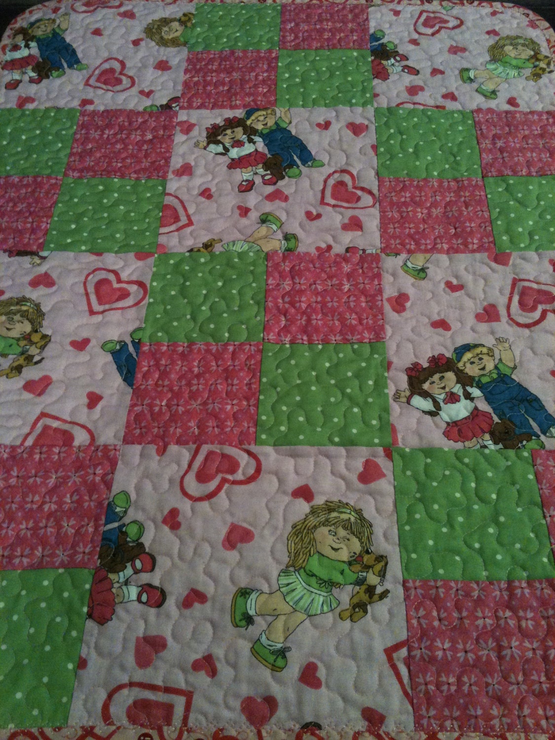 Cabbage Patch Kids, Spring Green and Pink All Together In This 22" X 29" Quilt For Little Girls