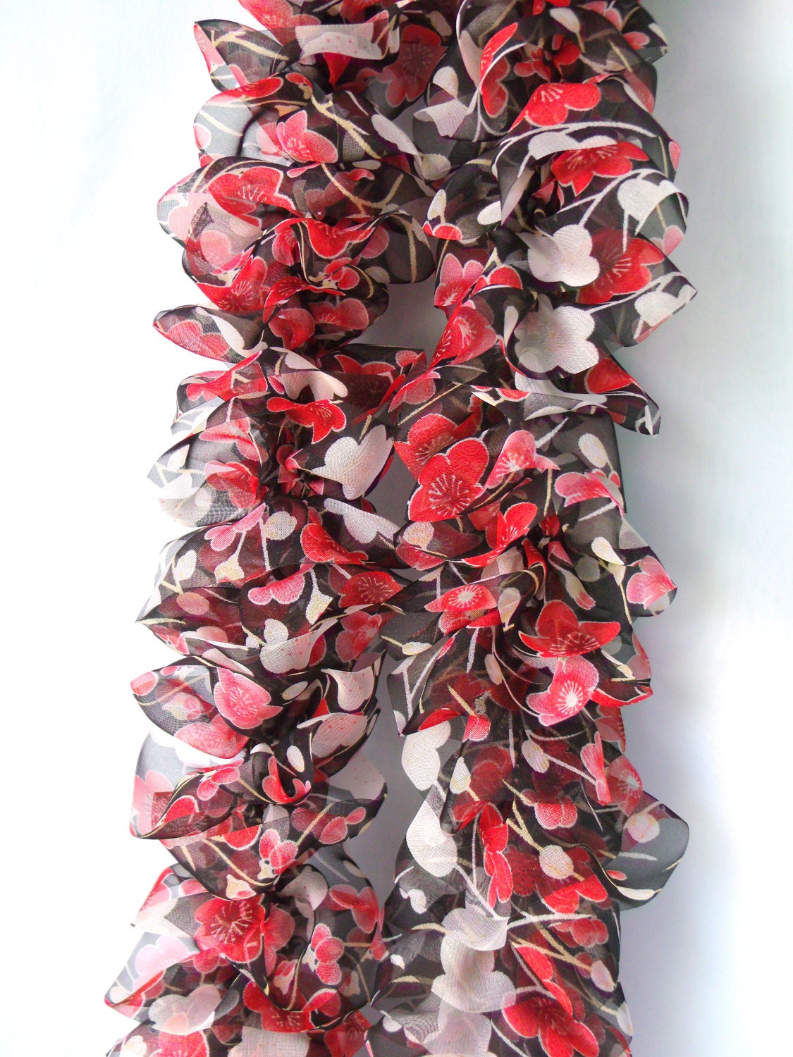 Sheer Ruffle Scarf, Asian Floral on black, READY TO SHIP