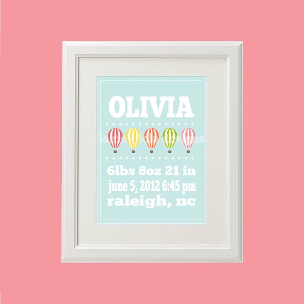 8x10 Personalized Hot Air Balloon Name and Birth Stats Print (More Colors & Sizes Available) Custom Nursery Decor