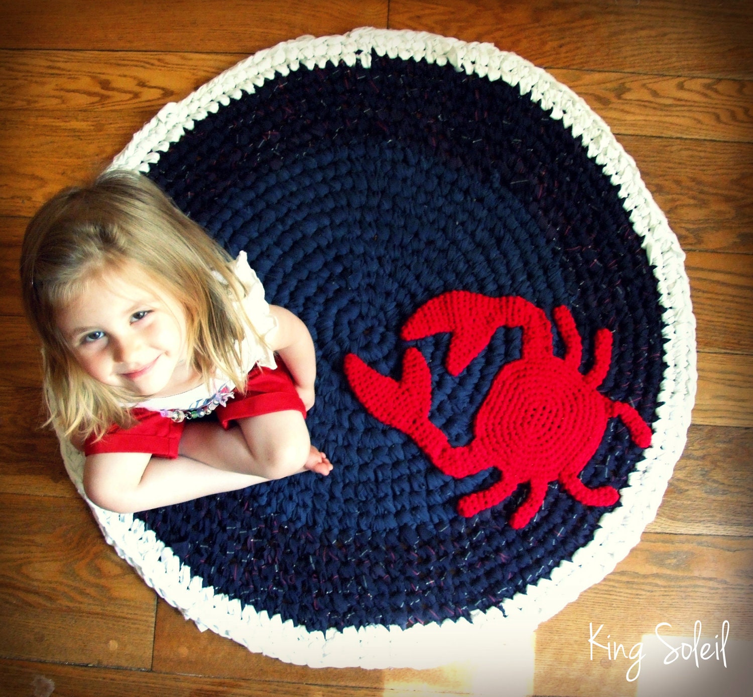 Custom Crochet Crab Rug Cotton Nautical Navy, White and Red Round Circle Rug Custom Colors