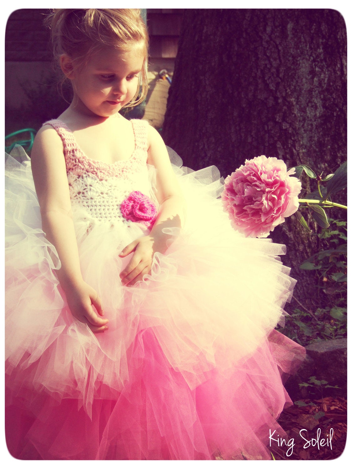 Flower Girl Tutu Dress Crochet Bodice Ombre Pink and White Crochet Rose Child Size 5 to 8 Featured in Zankyou Magazine and Etsy Weddings
