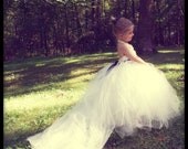 Flower Girl Dress Tulle Tutu Train Crochet Bodice Satin Ribbon Sash and Bow Shiny Ivory Tulle with Crystal Beading Infant to Toddler Size 4